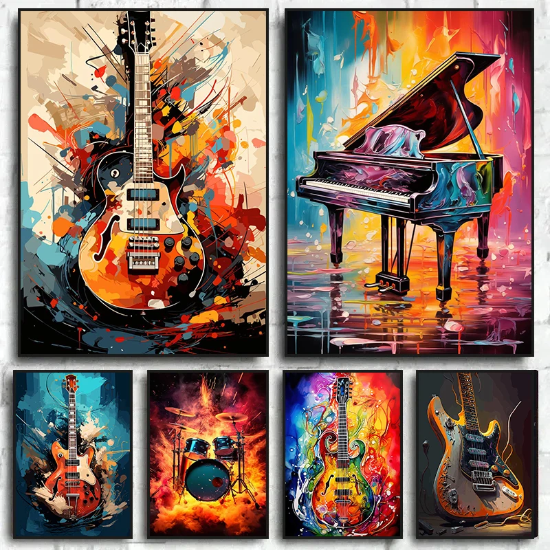 추상적인 다채로운 예술 악기 드럼 키트 기타 포스터 프 - Musical Instrument Art 리뷰 및 가격
